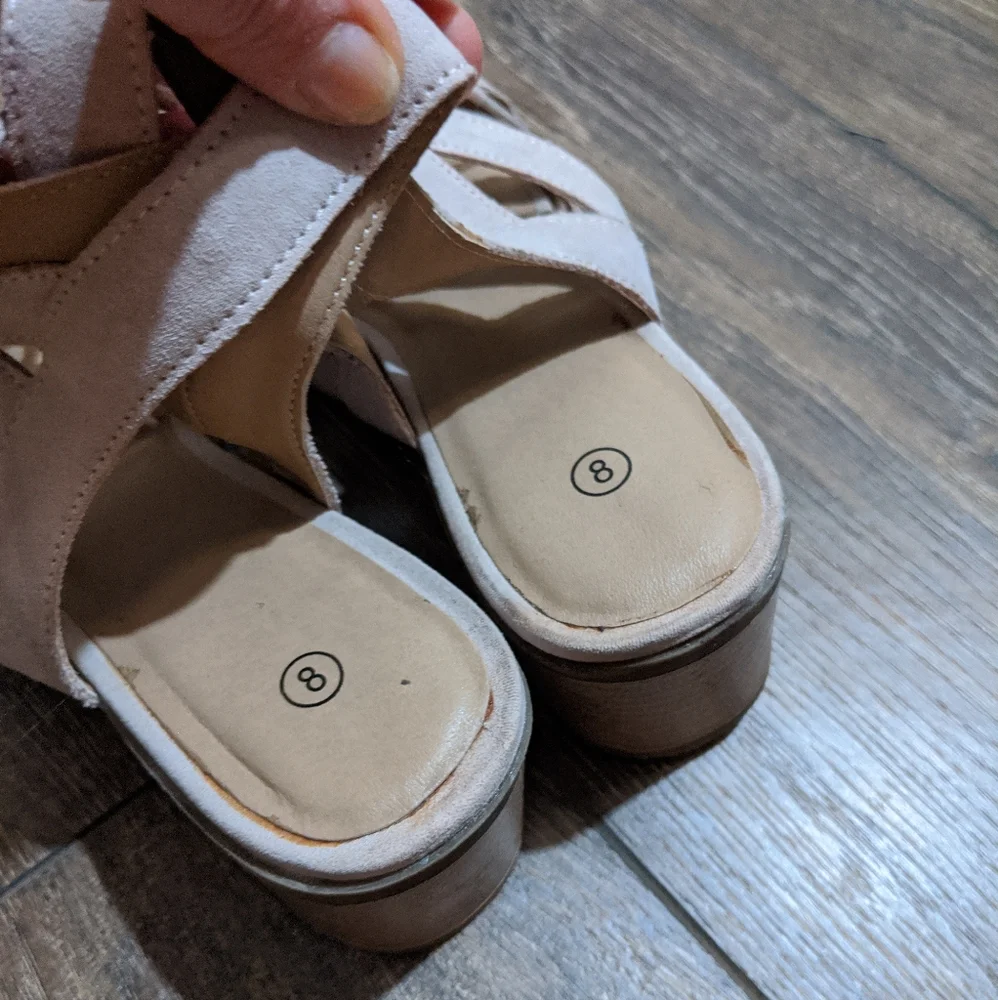 Nude tan suede lace up chunky block cage heels 8 EUC - Picture 2 of 4